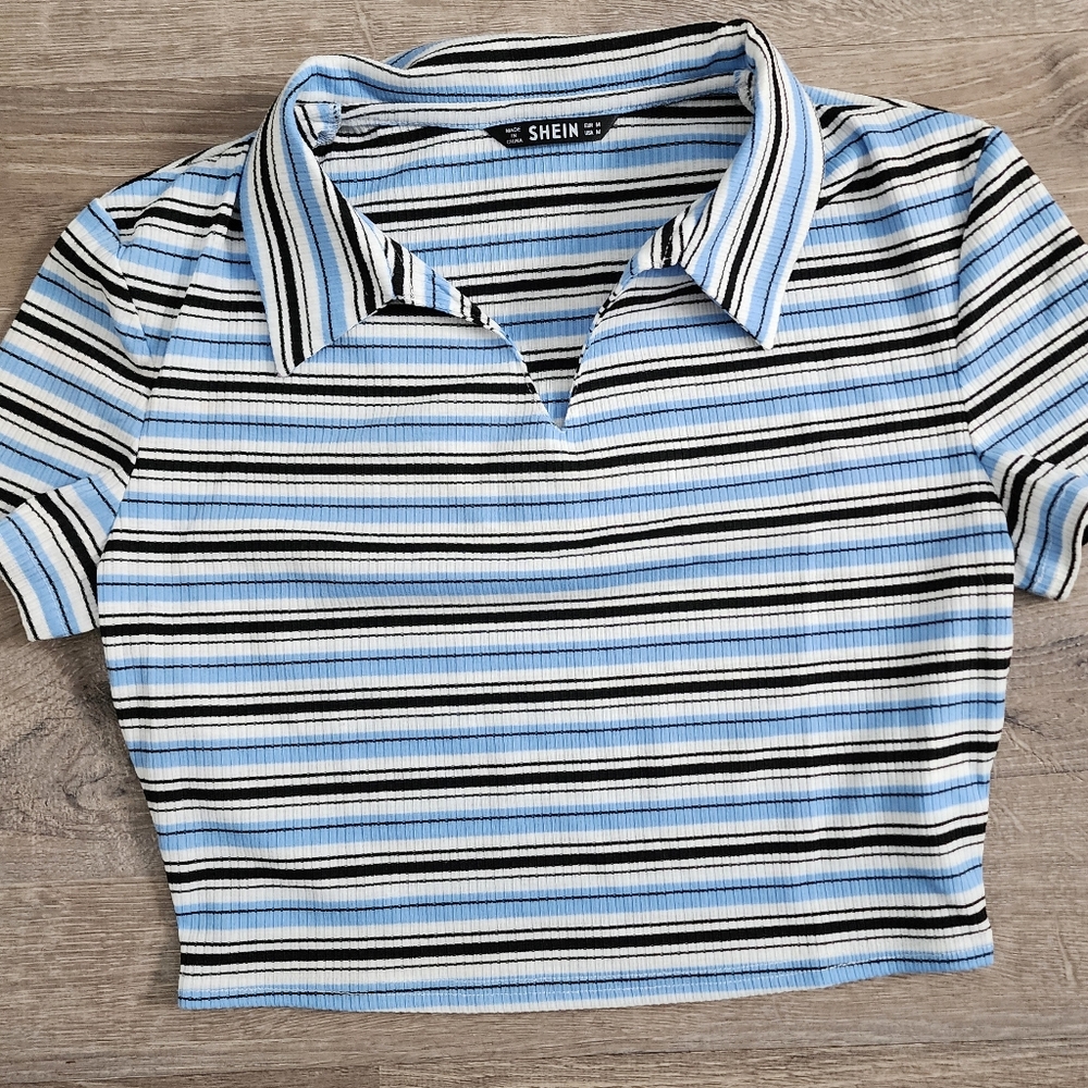 Shein - White w/ Blue & Black stripes Collar SS Crop top - Juniors Medium